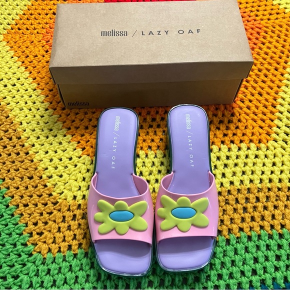 NIB Lazy Oaf x Melissa Pink Purple Yellow Retro Flower Jelly Heel Sandals 8 - Picture 2 of 4